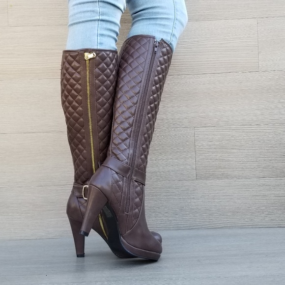 Knee High Heel Boots Brown Vegan Leather and fur - Picture 6 of 8